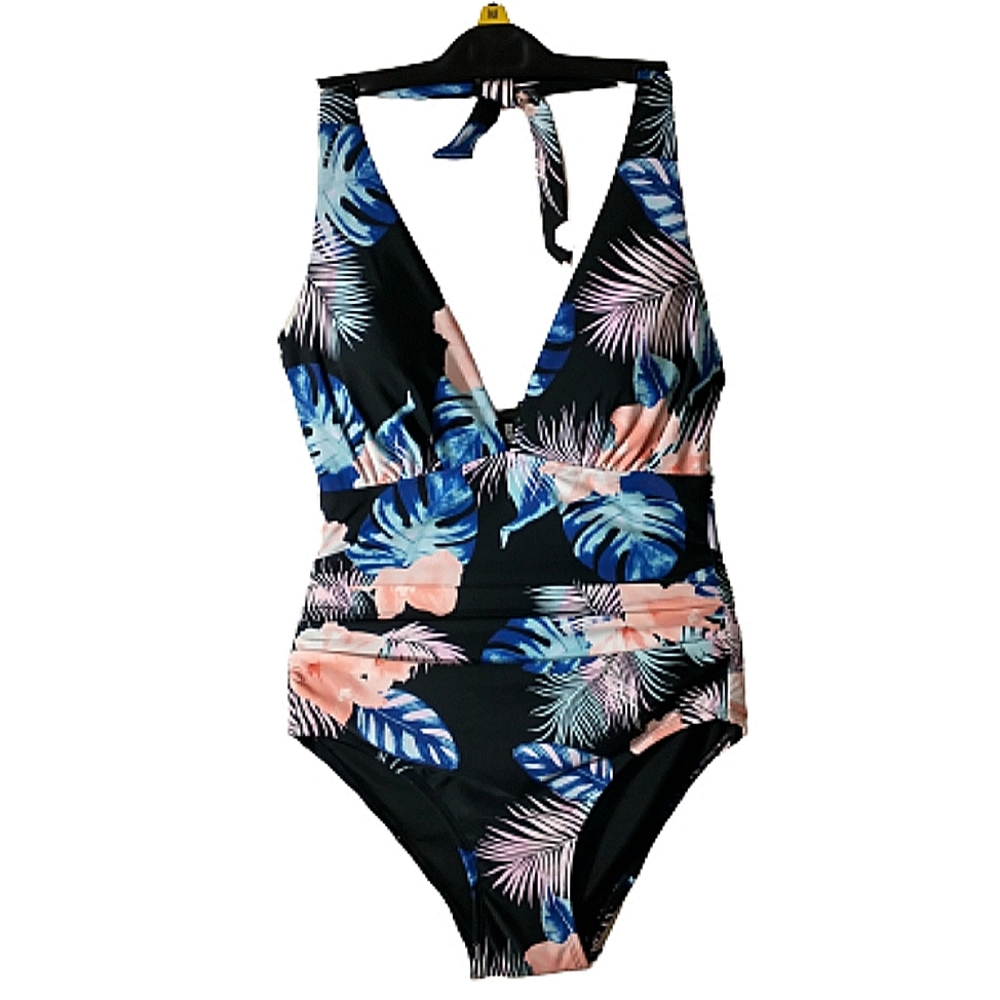 NWT DKNY Black Floral Halter Tie Swimsuit Medium
